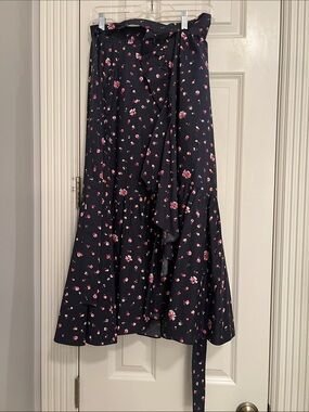 Rebecca Taylor - Floral Wrap Midi Skirt in Navy with Pink Print